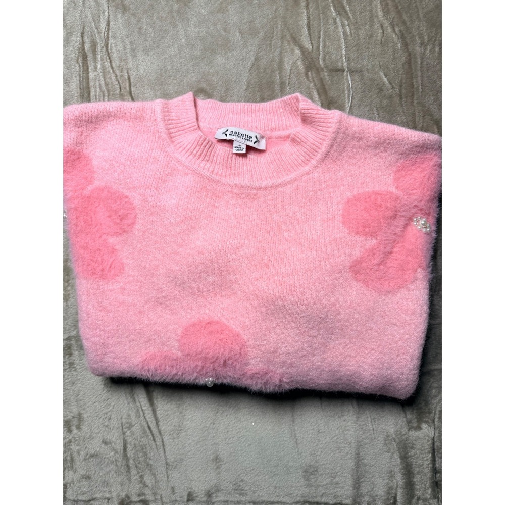 Nanette‎ Lepore Womens Pink Floral Embellished Fuzzy Crewneck Coquette SIZE S - Picture 4 of 6